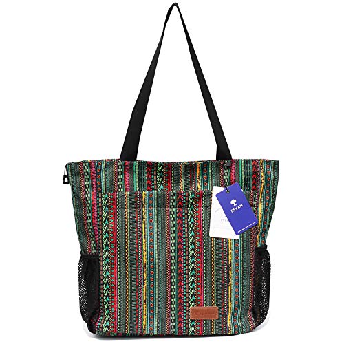 ESVAN Original Floral Tote Bag Large Shoulder Bag with Multi Pockets for Gym Travel Beach Daily Bags - color: Green