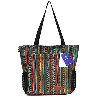 ESVAN Original Floral Tote Bag Large Shoulder Bag with Multi Pockets for Gym Travel Beach Daily Bags - color: Green
