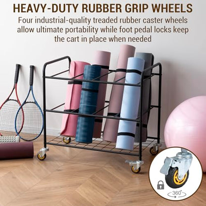 MyGift Yoga Mat Storage Rack with 4 Caster Wheels, Matte Black Rolling Yoga Mat Holder for Floor Workout Exercise Gym, Foam Roller Organizer