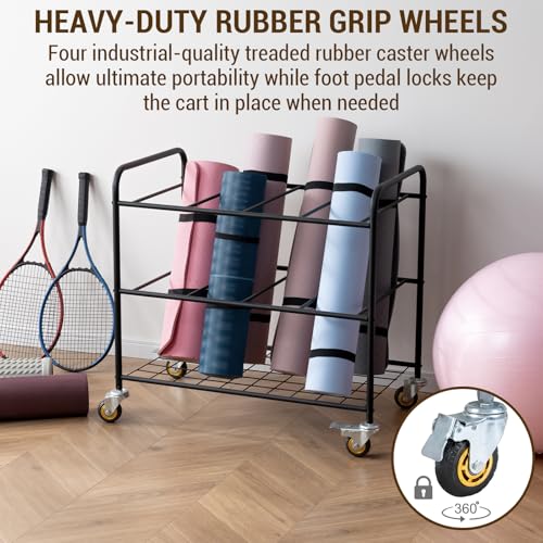 MyGift Yoga Mat Storage Rack with 4 Caster Wheels, Matte Black Rolling Yoga Mat Holder for Floor Workout Exercise Gym, Foam Roller Organizer