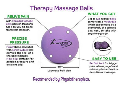Therapy Massage Ball - Instant Muscle Pain Relief. Proven Effective for Myofascial Release, Deep Tissue Pressure, Yoga & Trigger Point Treatments. Set - 2 Lacrosse Balls W/Mesh Bag - color: 2 Balls - Size 2.5in - Purple
