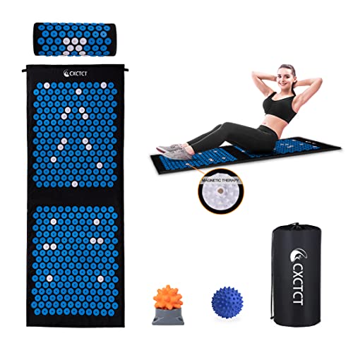 Extra Long Yoga Acupressure Mat Set,Massage Acupuncture Mat Large,Magnetic Mat Acupressure Body mat and Pillow for Neck Back Pain Relief(Blue) - color: Blue