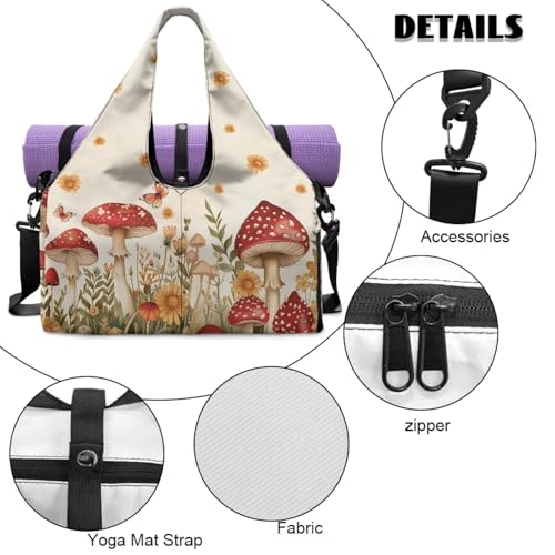 Gym Bag with Yoga Mat Holder Large Tote Bag With Multi Pockets for Women Men Dry Wet Separated Pocket Carryall Yoga Tote Bag for Pilates Travel Workout Office - color: Mushroom