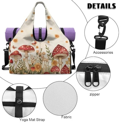 Gym Bag with Yoga Mat Holder Large Tote Bag With Multi Pockets for Women Men Dry Wet Separated Pocket Carryall Yoga Tote Bag for Pilates Travel Workout Office - color: Mushroom