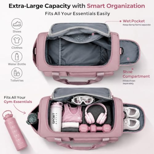 FIORETTO Women's Gym Duffle Bag with Shoes Compartment, 30L Capacity, Ideal for Travel, Gym, Sports, Duffel, Weekender - color: Grayish Pink, style: Gym Bag