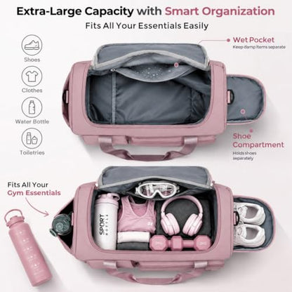 FIORETTO Women's Gym Duffle Bag with Shoes Compartment, 30L Capacity, Ideal for Travel, Gym, Sports, Duffel, Weekender - color: Grayish Pink, style: Gym Bag