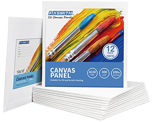 FIXSMITH Canvas Boards for Painting 10x10 Inch, Super Value 12 Pack White Blank Canvas Panels, 100% Cotton Primed, Painting Art Supplies for Professionals, Hobby Painters, Students & Kids - size: 10"×10"