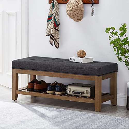 24KF Large Rectangular Upholstered Tufted Linen Fabric Ottoman Bench, Padded Bench with Solid Wood Shelf-Charcoal - color: Charcoal-bench, size: 16"D x 44"W x 18"H