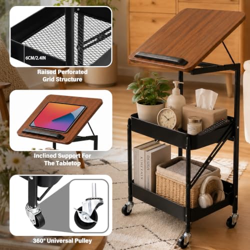 Dracey 3 Tiers Utility Rolling Cart with Lockable Caster Wheels, Metal Tiltable Wood Top Desk, Multifunctional Rolling Storage Cart for Bathroom, for Office Dorm Kitchen Living Room Classroom