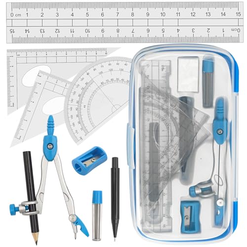 Akuoly Drafting Compass Kit School Supply Set Featuring Geometry Compass, Protractor, Set Squares, and Ruler – for School Grade Boy snd Girl with Every Piece Compact in Carrying Case, Classic Blue