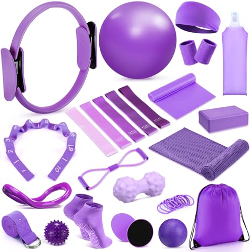 Halloscume 24 Pcs Pilates Kit, Home Pilate Equipment for Women, Pilates Ring and Ball Set with Stretching Strap, Water Bottle, Magic Circle, Yoga Ring, Gym Bag, Resistance Band, Anti Slip Sock - color: Purple