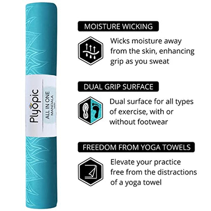 Plyopic All In One Yoga Mat | Luxury Sweat-Grip Mat/Towel Combo | Ideal for Yoga, Hot Yoga, Bikram, Pilates, Workout & Exercise | Eco-Friendly Natural Rubber - color: Mandala Turquoise