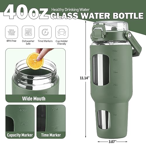BLUEGO 40 oz Glass Water Bottle with Straw, Leakproof and Time Marker, Wide Mouth for Travel, Gym, Workout, Olive - color: Olive, size: 40 Ounces