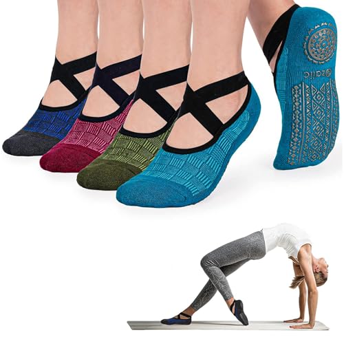Ozaiic Pilates Socks for Women Non Slip Grip Yoga Barefoot Indoor Workout | Breathable cotton grippy sock, slipper sticky socks, one size fits women for barre, ballet, dance, hospital, home - color: 4 Pairs -Green/Blue/Cyan/Red