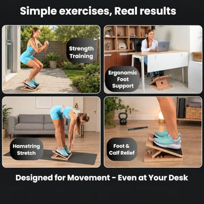 Swara 14″ Wide Wooden Slant Board for Calf Stretching & Exercise, Foldable | Adjustable incline board with thicker base, guide and bonus muscle roller; beginner-friendly, stable design, 400 lb capacity - size: 14x14 Inch