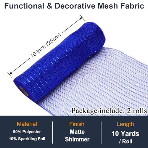 Royal Blue Mesh Ribbon Rolls 10 Inch 10 Yds, Deco Mesh Fabric for Wreaths | (2 Rolls) 30Ft Each, Decorative Foil Mesh for Christmas Tree Ribbon, Door Decor, DIY Crafts, Halloween, Wedding Party Supplie - color: Royal Blue