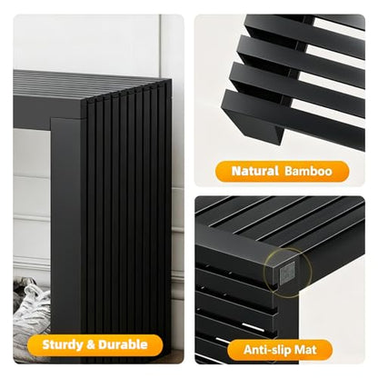 Bamboo Dining Bench, 18'' Slatted Design Entryway Bench, Black - color: Black, size: 18in