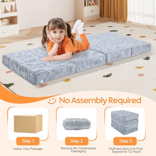 MeMoreCool Kids Folding Mattress 63x26 Trifold Floor Mat, Grey Dinosaur - color: Grey Dinosaur
