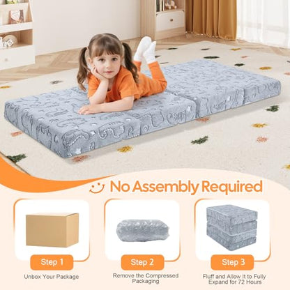 MeMoreCool Kids Folding Mattress 63x26 Trifold Floor Mat, Grey Dinosaur - color: Grey Dinosaur
