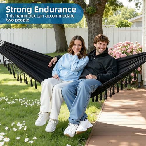 Brazilian Style Double Hammock with Fringe, 2 Person Patio Hammock for Backyard & Indoor Relaxation, Soft Breathable Fabric, Easy Setup with Straps & Carry Bag, 360 lbs Capacity - color: Black