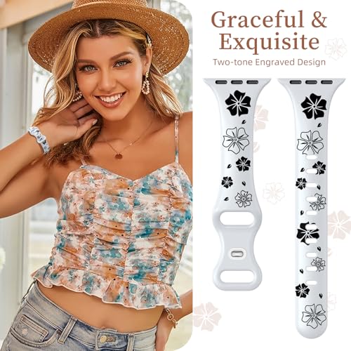 Lerobo Slim Thin Two-Tone Compatible with Apple Watch Band 40mm 38mm 41mm 42mm 44mm 45mm 46mm 49mm for Women- Soft Cute Flower/Heart Engraved Sport Band for iWatch Series 11 10 9 8 7 6 5 4 3 SE Ultra - color: C White/Black, size: 44mm/45mm/46mm/49mm/(42mm