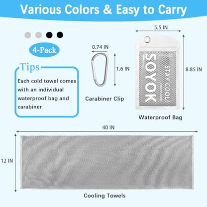 SOYOK 4 Packs Cooling Towels, 40" x 12" Cooling Towels for Neck and Face | High-density microfiber,Soft Breathable,Portable,Reusable, Waterproof Bag,Carabiner,for Running, Yoga, Travel, Climb - color: Light Grey/Light Grey/Dark Grey/Dark Grey