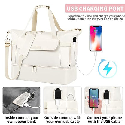 Travel Bag for Women, Sports Gym Duffel Bag, Weekender Overnight Bag with Wet Pocket and Shoes Compartment, Carry On Tote Bag Gym Yoga Duffel Bag for Men - color: Beige