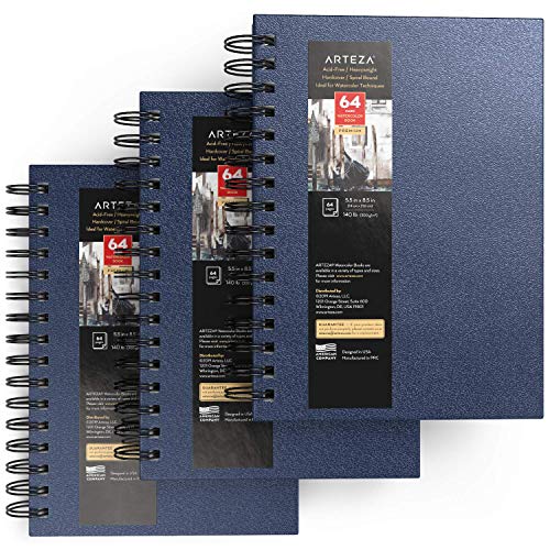 ARTEZA Watercolor Sketchbook Set,3-Pack,64 Pages per Book,5.5 x 8.5 Inches,Blue Hardcover Spiral Notebooks,140-Pound Premium Watercolor Paper for Artists - color: Blue, size: 5.5x8.5 inch - 3 pack