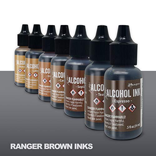 Brown Alcohol Inks Set | Tim Holtz Alcohol Inks Shades of Brown 7-Pack | Teakwood, Espresso, Latte, Ginger, Caramel, Sepia, Butterscotch | 10 Pixiss Alcohol Ink Blending Tools - color: Brown