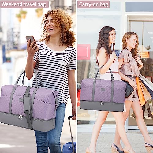 Weekender Bag, Large Travel Duffel Bag for Women, Carry on Overnight Bag with Shoe Compartment and Toiletry Bags - color: A-Purple