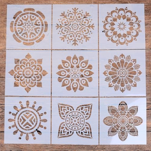 9 PCS Mandala Painting Reusable Stencils Set (6 x 6 inch) Laser Cut Drawing Template for DIY Stones Floor Wall Fabric Wood Art&Craft Supplies - color: 9 PCS