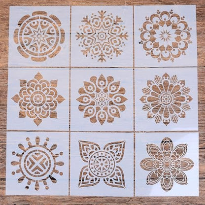 9 PCS Mandala Painting Reusable Stencils Set (6 x 6 inch) Laser Cut Drawing Template for DIY Stones Floor Wall Fabric Wood Art&Craft Supplies - color: 9 PCS