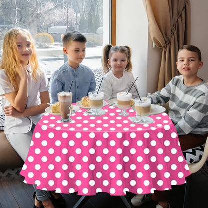 3 Pack Pink and White Polka Dots Round Tablecloth Pink Round Table Cover with White Polka Dot Plastic Table Cloth 84 in for Kitchen Dining Wedding Party