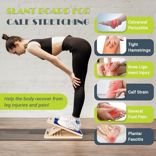 Slant Board Calf Stretching, 300 LBS Capacity Portable Wooden Incline Board | Training Poster, 5 Adjustable Angles, Non-Slip Calf Mobility Board for Legs, Ankles, Knees, Heels, Physical Therapy & Squats