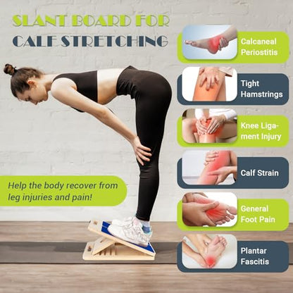 Slant Board Calf Stretching, 300 LBS Capacity Portable Wooden Incline Board | Training Poster, 5 Adjustable Angles, Non-Slip Calf Mobility Board for Legs, Ankles, Knees, Heels, Physical Therapy & Squats