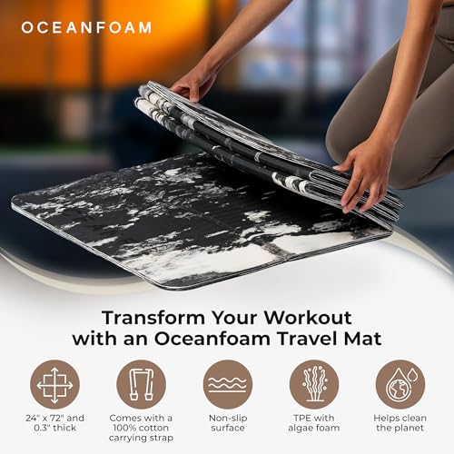 Oceanfoam Travel Workout Mat – 0.3" Thick Folding Exercise Mat for Yoga, Pilates, & Fitness – Non-Slip with Cotton Carrying Strap, Made with Sustainable Algae Foam – 24" x 72" (Black Marbled) - color: Black Marbled