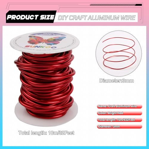 Aluminum Craft Wire,8 Gauge (3mm) Red Bendable Wire,32 Feet Continuous Roll for Jewelry Making,Sculpting,Floral & Armature Projects - size: 8 Gauge 32FT, style: Red