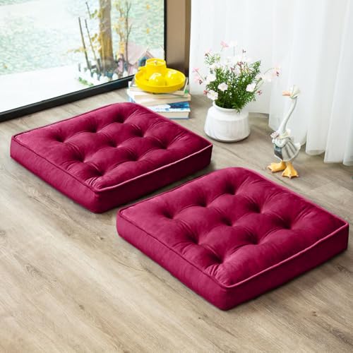 1 MIDDLE ONE Floor Pillow Set of 2, Memory Foam Meditation Cushion, Floor Cushions for Adults Sitting, Large Square Seat Cushions for Yoga, Living Room, 20x20 Inch (Burgundy) - color: Burgundy, size: 20x20 Inch(Pack of 2)