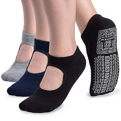 Non Slip Grip Yoga Socks for Women with Cushion for Pilates, Barre, Home - color: 3 Pairs-black/Navy/Grey