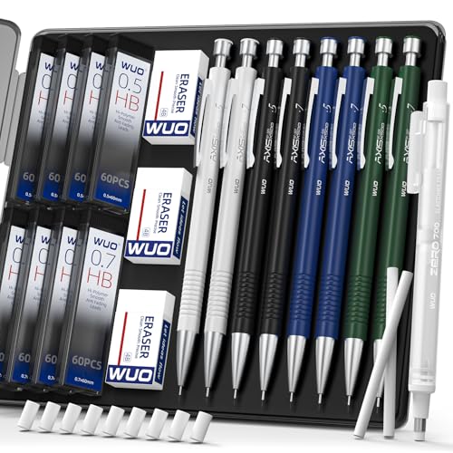 WUO 0.5 & 0.7 mm Mechanical Pencils with Eraser Pen Storage Case, 8 PCS | Metal Drafting Pencil Set, 480 HB Lead Refills, 3x4B Erasers, 11 Eraser Refills for Artist Writing Drawing Sketching - color: Multicolor3 - Mixed Sizes (8 Pack)
