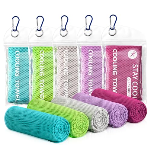 Cooling Towels - 5 Pack Gym Towels, Gym Towel for Working Out, Yoga Towel | Microfiber Breathable Mesh Fabric, Large Size: 40"L × 12"W, Reusable & Easy To Clean, Equipped With Waterproof Storage Pouch - color: Light Blue/Green/Grey/Purple/Rose Red