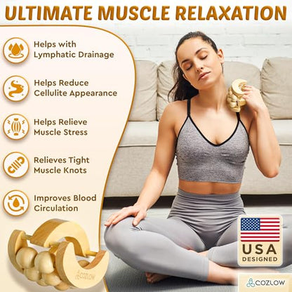 Wooden Massage Ball Roller - Supports Lymphatic Drainage and Pain Relief | Cozlow - wood massager w/ 10 rolling balls & easy grip - whole body muscles relaxation - may help reduce cellulite appearance - color: Wood