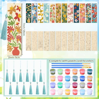 Kosiz 12 Pcs Butterfly Flowers Paint by Number Kit for Adult Wood Bookmark | Mini Paint by Numbers Kit, Painting Decor, Tassels Blank Bookmarks, for Small DIY Craft Book Lovers Gift 7x2 '' - style: Butterfly Flowers Theme