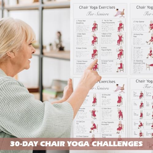 Chair Yoga Poster for Seniors & Beginners – Set of 4 Illustrated Guides & 5 30-Day Challenges Workout Plans, Exercise Charts for Mobility, Balance, Flexibility, Stretching Home Fitness