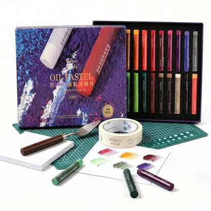 rubens Oil Pastels 24 Colors, Painting Kit, Art Supplies, Includes Oil Pastels Set, 1 Palette Knife, 1 Roll of Masking Tape, 30 Sheets Oil Pastel Paper, 1 Base Plate - color: 24 Basic Colors Set