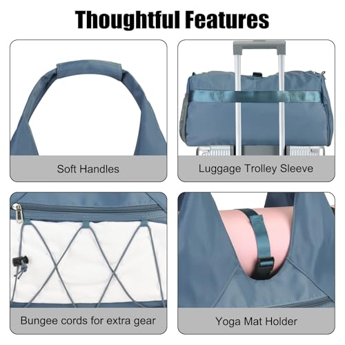 Forestfish Gym Bag For Women With Yoga Mat Holder, Blue | Shoe Compartment, Wet Dry Storage Pocket, Removable Shoulder Strap, Lightweight & Water Resistant - color: Blue