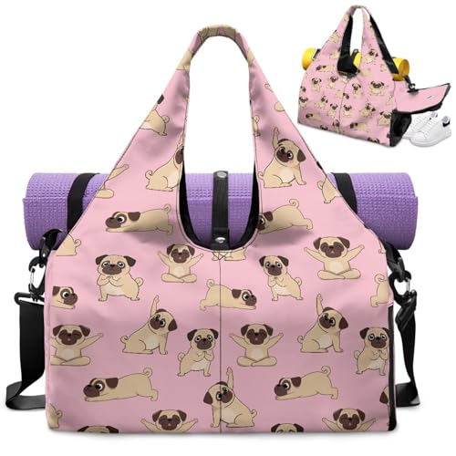 Yoga Gym Bag with Removable Adjustable Shoulder Strap, Shoe Compartment & Top Yoga Mat Holder 17.72x8.66x9.84in - color: Cute Yoga Dog Puppy Print
