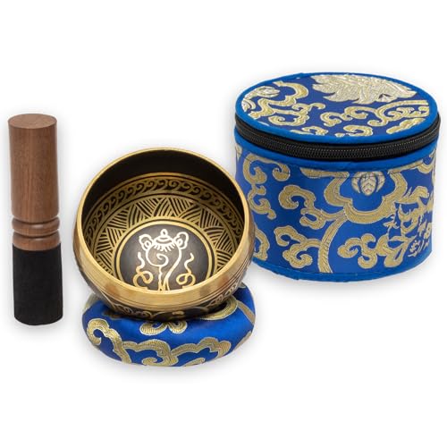 Wish Well 10.2cm(4인치) 티베트 싱잉 볼 세트, 케이스 포함, 네팔에서 제작, 블루 - color: 여행용 케이스가 포함된 골드 세트