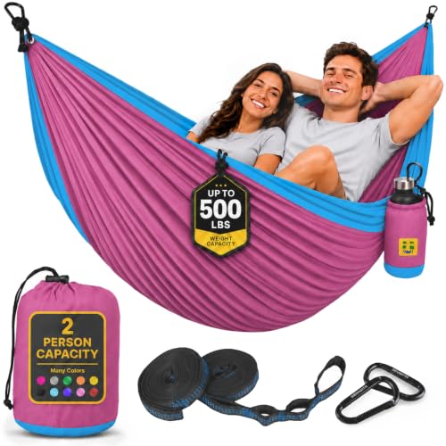 Durable Hammock 500 lb Capacity, Nylon Camping Hammock Chair - Double or Single Sizes w/Tree Straps and Attached Carry Bag - Portable for Travel/Backpacking/Beach/Backyard (Large, Fuchsia & Sky Blue) - color: Fuchsia & Sky Blue, size: Large