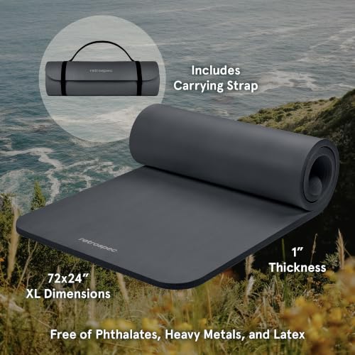 Retrospec Solana Yoga Mat 1" Thick w/Nylon Strap for Men & Women - Non Slip Exercise Mat for Home Yoga, Pilates, Stretching, Floor & Fitness Workouts - color: Graphite